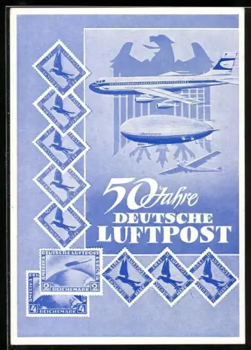 AK Ausstellung 50 Jahre Deutsche Luftpost, Zeppelin und Flugzeug mit Briefmarken