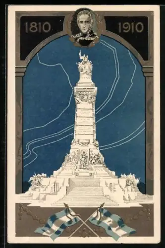 AK Argentinien, Blick auf ein Denkmal, Porträt, Flaggen