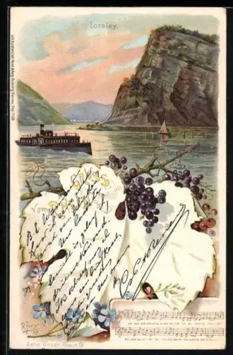 Lithographie Loreleyfelsen, Dampfer auf dem Rhein