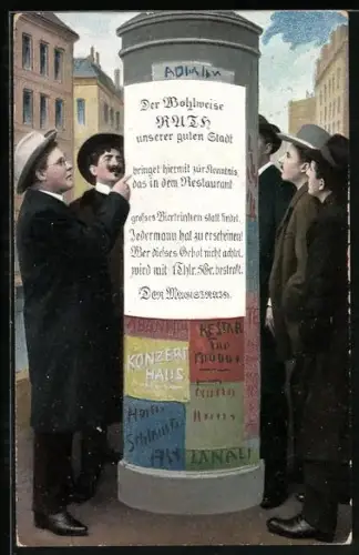 Künstler-AK Litfasssäule mit Aufruf zu grossem Biertrinken