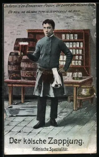 AK Köln, der kölnische Zappjung, kölnische Spezialität, Mann mit gezapftem Bier in der Hand
