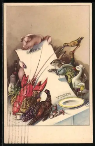 Künstler-AK Verschiedene Tiere mit Menü auf dem Esstisch