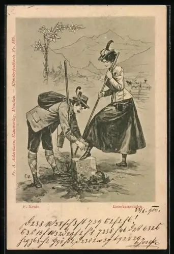 Künstler-AK sign. F. Kruis: Mann und Frau auf Wanderschaft, Reisekameraden