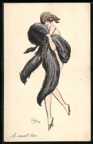 Künstler-AK In Pelz gekleidete Frau mit hohen Schuhen