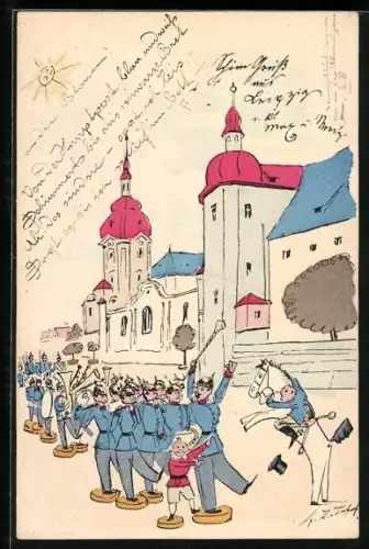 Künstler-AK Holzfiguren-Orchester wird von kleinem Jungen durch die Strassen geführt
