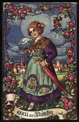 Künstler-AK München, Mädchen in Tracht mit Blumenstrauss