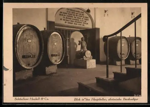 AK Wiesbaden-Biebrich, Sektkellerei, Blick in den Hauptkeller, altrömische Bacchusfigur