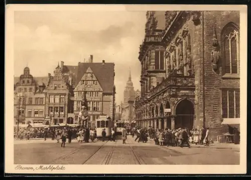 AK Bremen, Marktplatz mit Strassenbahnen