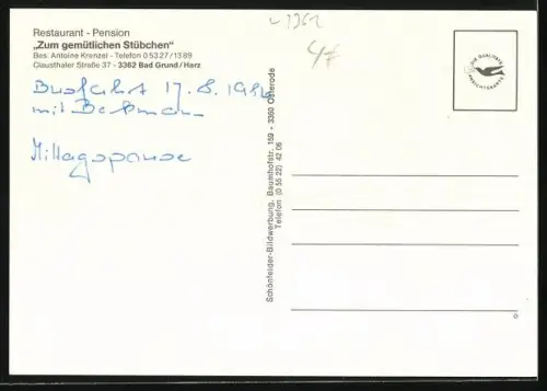 AK Bad Grund /Oberharz, Restaurant - Pension Zum gemütlichen Stübchen, Bes. Antoine Krenzel, Clausthaler Strasse 37