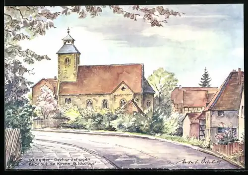 Künstler-AK Salzgitter-Gebhardshagen, Blick auf die Kirche St. Nicolaus