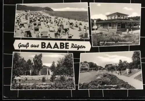 AK Baabe /Rügen, Gaststätte Inselparadies, Kuranlagen, Musikpavillon, Strand