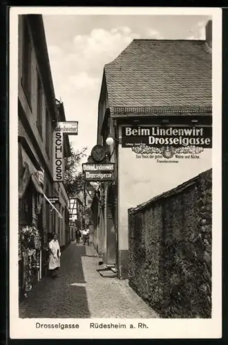 AK Rüdesheim a. Rh., Drosselgasse mit Gasthaus Beim Lindenwirt