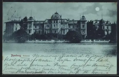 Mondschein-AK Hamburg-Winterhude, Bellevue im Vollmondlicht