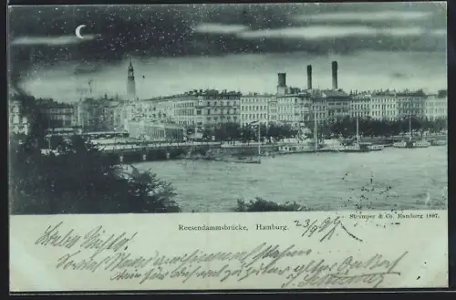Mondschein-AK Hamburg, Reesendammbrücke im Vollmondlicht