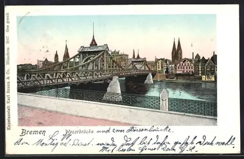 Lithographie Bremen, Blick zur Weserbrücke