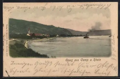 AK Camp a. Rhein, Uferpartie mit Kirche und Dampfschiff