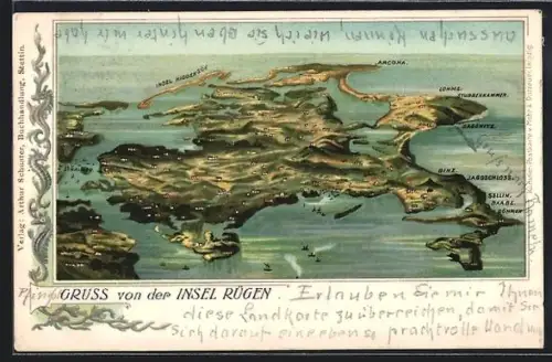 Lithographie Binz /Rügen, Blick auf die Insel mit Sellin, Binz, Lohme, Arcona