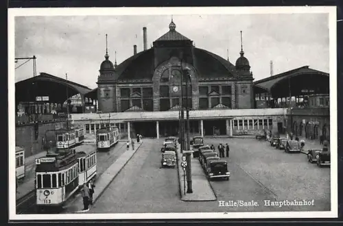 AK Halle /Saale, Strassenbahnen am Hauptbahnhof