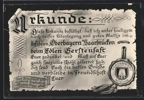 AK Saarbrücken, Gaststätte Oberbayern, Trinkerurkunde, Passagestrasse 5