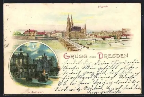 Lithographie Dresden, Altstadt mit Kirche, Im Zwinger