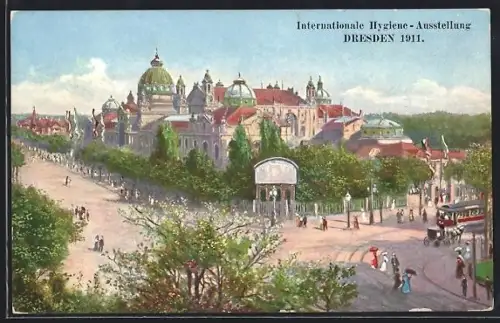 Künstler-AK Dresden, Ausstellungspalast mit Strasse aus der Vogelschau