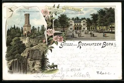 Lithographie Rochlitzer Berg i. S., Hotel-Restaurant Geschwister Haberkorn und König Friedrich Turm