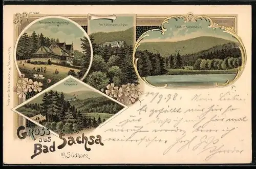 Lithographie Bad Sachsa /Südharz, Teich im Katzenstein, Berghotel Eulingswiese