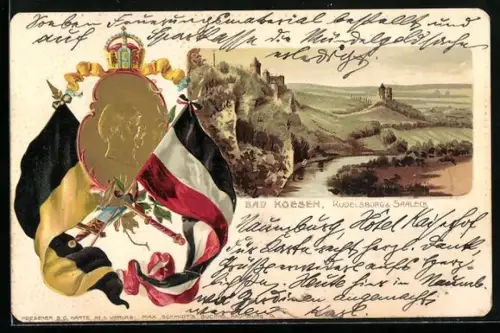 Passepartout-Lithographie Bad Koesen, Rudelsburg & Saaleck, Kaiserportrait mit Fahnen, Wappen