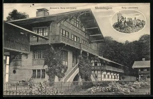 AK Meiningen, Meierei b. Burg Landsberg mit Burg Landsberg
