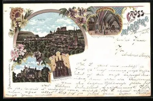 Lithographie Marburg, Gesamtansicht, Schloss, Portal im Rittersaal und Rittersaal