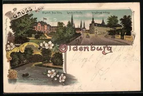 Lithographie Oldenburg / Gr., Elisabeth Anna Palais, Lamberti-Kirche, Grossherzogliches Schloss