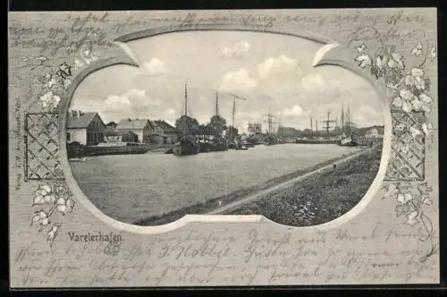 AK Varel / Oldenburg, Hafen im Blumen-Passepartout
