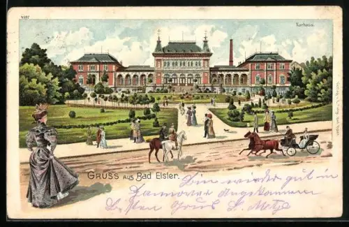 Lithographie Bad Elster, flanierende Kurgäste am Kurhaus