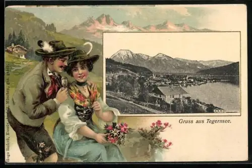 Passepartout-Lithographie Tegernsee, Ortsansicht und Paar in Trachten