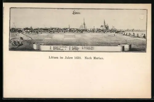 Künstler-AK Lützen, Totalansicht des Ortes nach Merian, 1650
