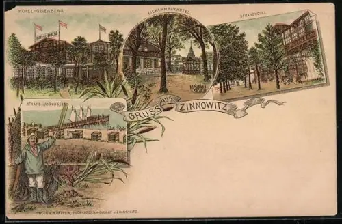 Lithographie Zinnowitz, Hotel Glienberg, Eichenhain-Hotel, Strandhotel