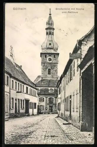 AK Göllheim, Strassenpartie mit Kirche und Rathaus