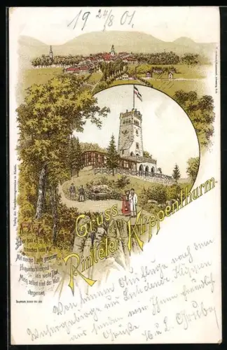 Lithographie Rinteln, Ortsansicht und Gasthaus Rinteler Klippenthurm