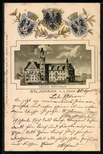 Passepartout-Lithographie St. Johann a. d. Saar, Neues Rathaus, Wappen