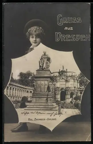 AK Dresden, Königliche Zwinger-Anlage, Passepartout mit kleinem Jungen