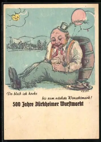 Künstler-AK Dürkheim, 500 Jahre Dürkheimer Wurstmarkt 1949, Betrunkener mit Bierglas