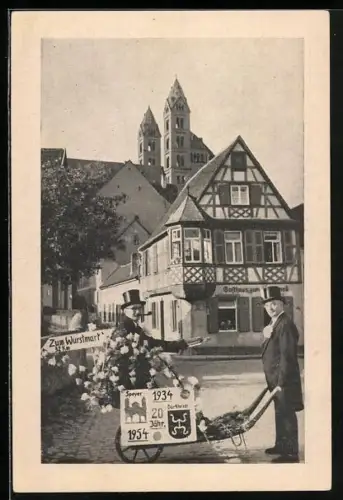 AK Dürkheim, Dürkheimer Wurstmarkt 1954, Zwei Herren mit Wegweiser