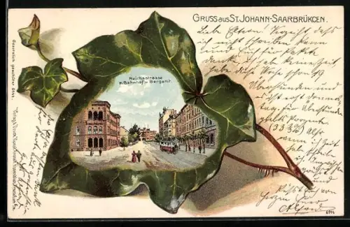 Passepartout-Lithographie St. Johann-Saarbrücken, Reichsstrasse mit Bahnhof und Bergamt