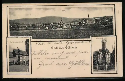 AK Göllheim, Totalansicht, Kriegerdenkmal und König-Kreuz