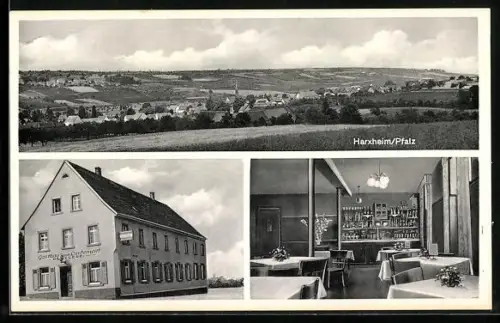 AK Harxheim /Pfalz, Totalansicht und Gasthaus Zum Lindenwirt, Inh. Eduard Lind