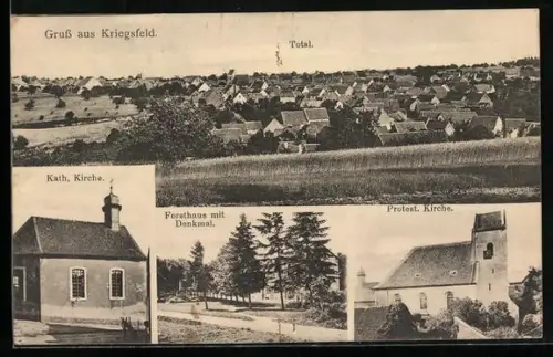 AK Kriegsfeld, Panorama des Ortes, Katholische und Protestantische Kirche sowie Forsthaus mit Denkmal