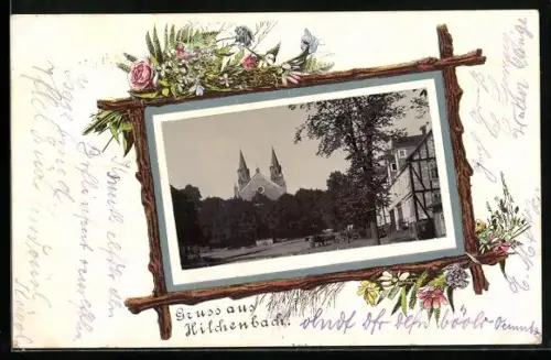AK Hilchenbach, Blick auf die Kirche, Blumengeschmücktes Passepartout
