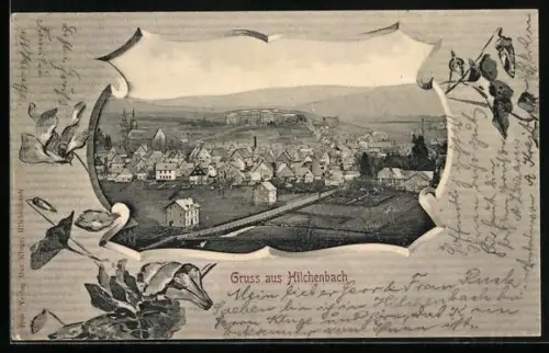 AK Hilchenbach, Teilansicht des Ortes, mit Blumen geschmücktes Passepartout