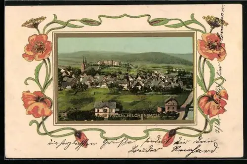 Präge-AK Hilchenbach /Westfalen, Panorama des Ortes, mit Mohn geschmücktes Passepartout
