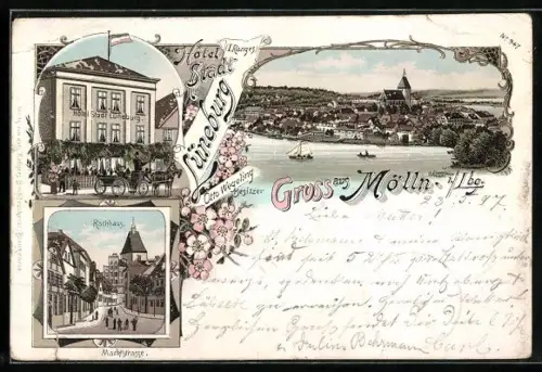 Lithographie Mölln i. Lbg., Hotel Stadt Lüneburg, Rathhaus, Totalansicht
